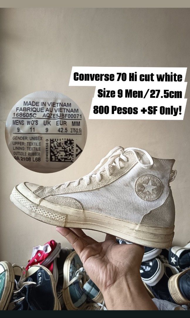 Converse Hi Cut White (Category: Sneakers) located in Pasay City. Submitted by ODDXX (Listing ID 1459168794, Image 1). Description: Converse Hi Cut White Size 9 Men/27.5cm Good Condition(Need Wash) 800 pesos +SF Only!.