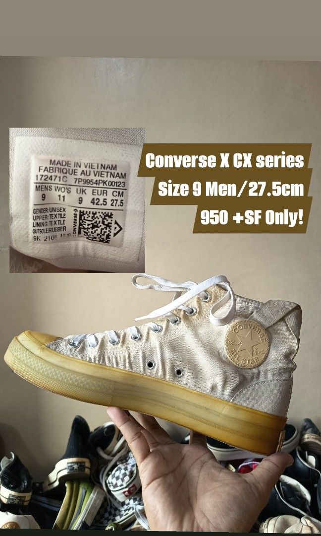 Converse x CX series (Category: Sneakers) located in Pasay City. Submitted by ODDXX (Listing ID 1459128492, Image 1). Description: Converse X CX Series Hi cut Size 9 Men /27.5cm Good Condition (Need Wash) 950 Pesos +SF Only!.