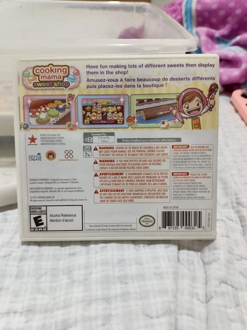 Cooking Mama Sweet Shop (Category: Nintendo) located in Dagupan City. Submitted by bythemoors (Listing ID 1459157376, Image 3). Description: - Cooking Mama Sweet Shop for Nintendo 3DS - Playable in both 2D and 3D - Fun dessert-making game suitable for ages 7+ - Wireless broadband access required for online features - Game cartridge and case included - A must-have for fans of the Cooking Mama series.