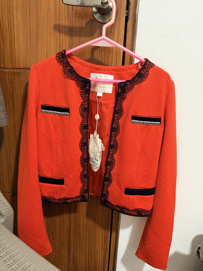 Cropped Jacket (Category: Coats, Jackets and Outerwear) located in Quezon City. Submitted by trishanelle (Listing ID 1459203195, Image 1). Description: - Red cropped jacket from a.YiLian - Black lace trim on neckline and cuffs - Decorative faux pockets with rhinestones - Front hook-and-eye closures - Textured fabric.