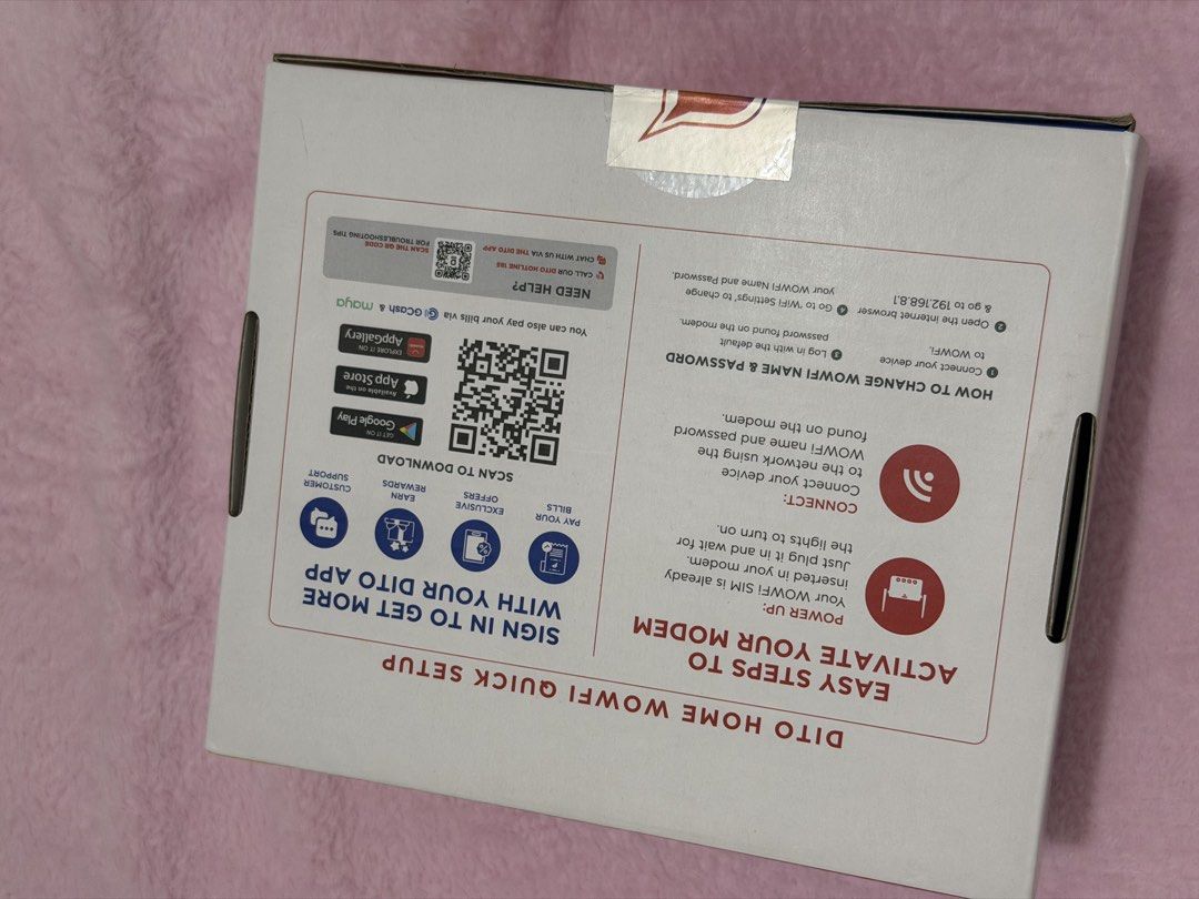 DITO Home Wowfi Modem - True 5G Powered (Category: Networking) located in Navotas City. Submitted by Tintin2509 (Listing ID 1459231245, Image 2). Description: Get unlimited 5G data with this DITO Home modem. It's powered by True 5G and offers speeds up to 500 Mbps. Dual-band WiFi included. Easy setup process. Just plug in your SIM and power it up. Connect your device to the modem's WiFi. Instructions on how to change your WOWFI name and password 