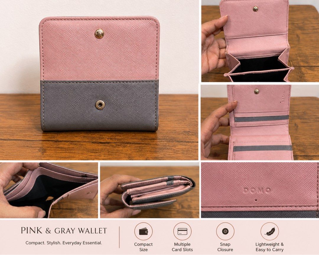 DOMO pink and gray bifold wallet (Category: Wallets & Card holders) located in San Fernando. Submitted by dntjapansurpluselyu (Listing ID 1459193837, Image 1). Description: .