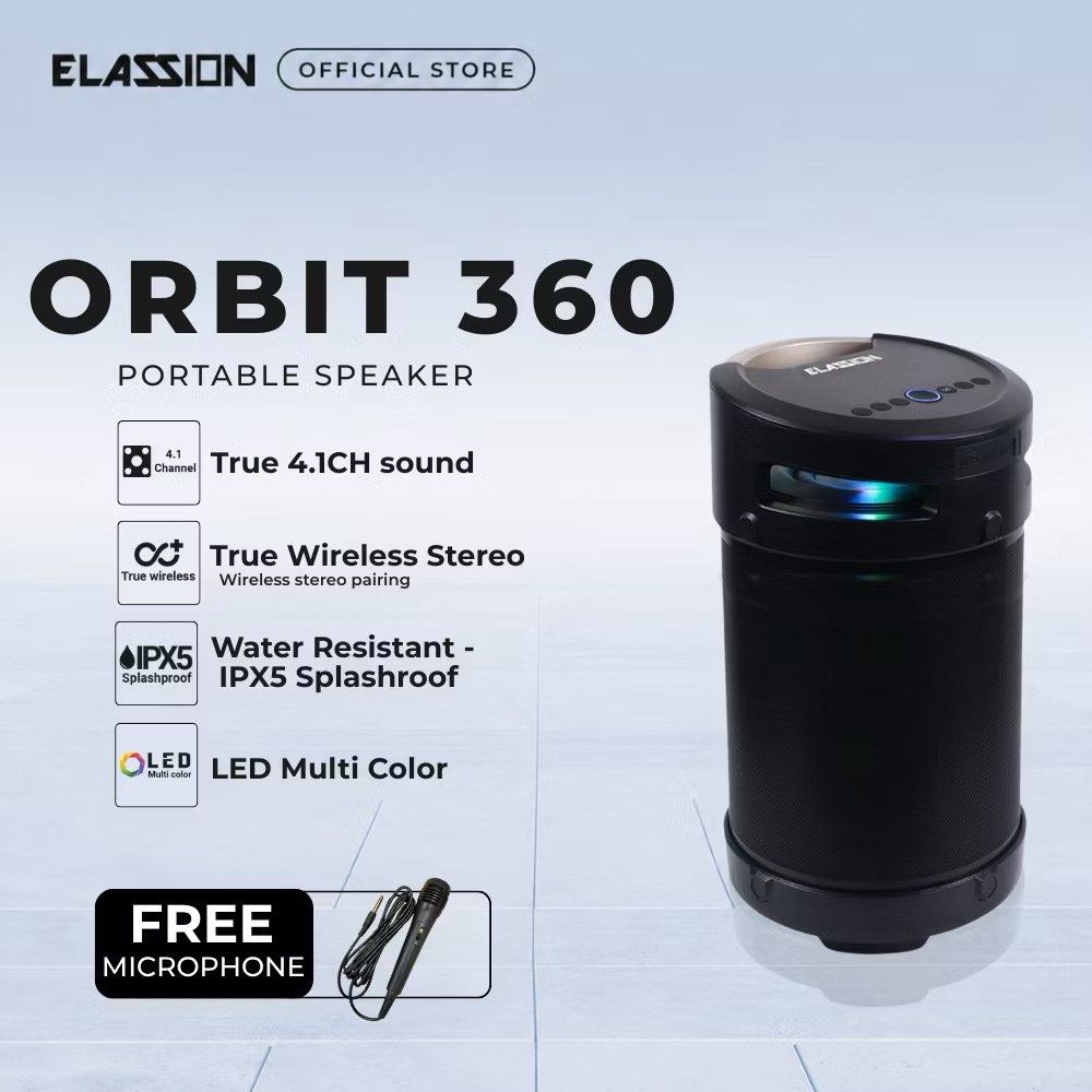 Elassion Orbit 360 Portable Speaker Free Mic (Category: Soundbars, Speakers & Amplifiers) located in Pasay City. Submitted by jmercs04 (Listing ID 1459261608, Image 2). Description: Used only once during Christmas eve and stored since. No need for this as we also have a newborn. No box. - Elassion Orbit 360 Portable Speaker - True 4.1CH Sound - True Wireless Stereo (TWS) Pairing - IPX5 Water Resistant (Splashproof) - Multi-color LED Lights - Incl
