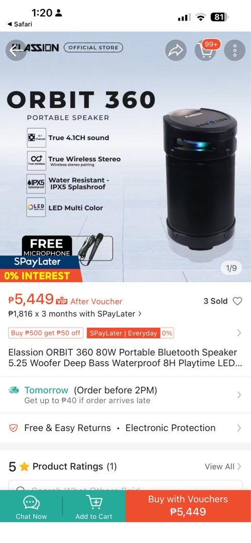 Elassion Orbit 360 Portable Speaker Free Mic (Category: Soundbars, Speakers & Amplifiers) located in Pasay City. Submitted by jmercs04 (Listing ID 1459261608, Image 1). Description: Used only once during Christmas eve and stored since. No need for this as we also have a newborn. No box. - Elassion Orbit 360 Portable Speaker - True 4.1CH Sound - True Wireless Stereo (TWS) Pairing - IPX5 Water Resistant (Splashproof) - Multi-color LED Lights - Incl