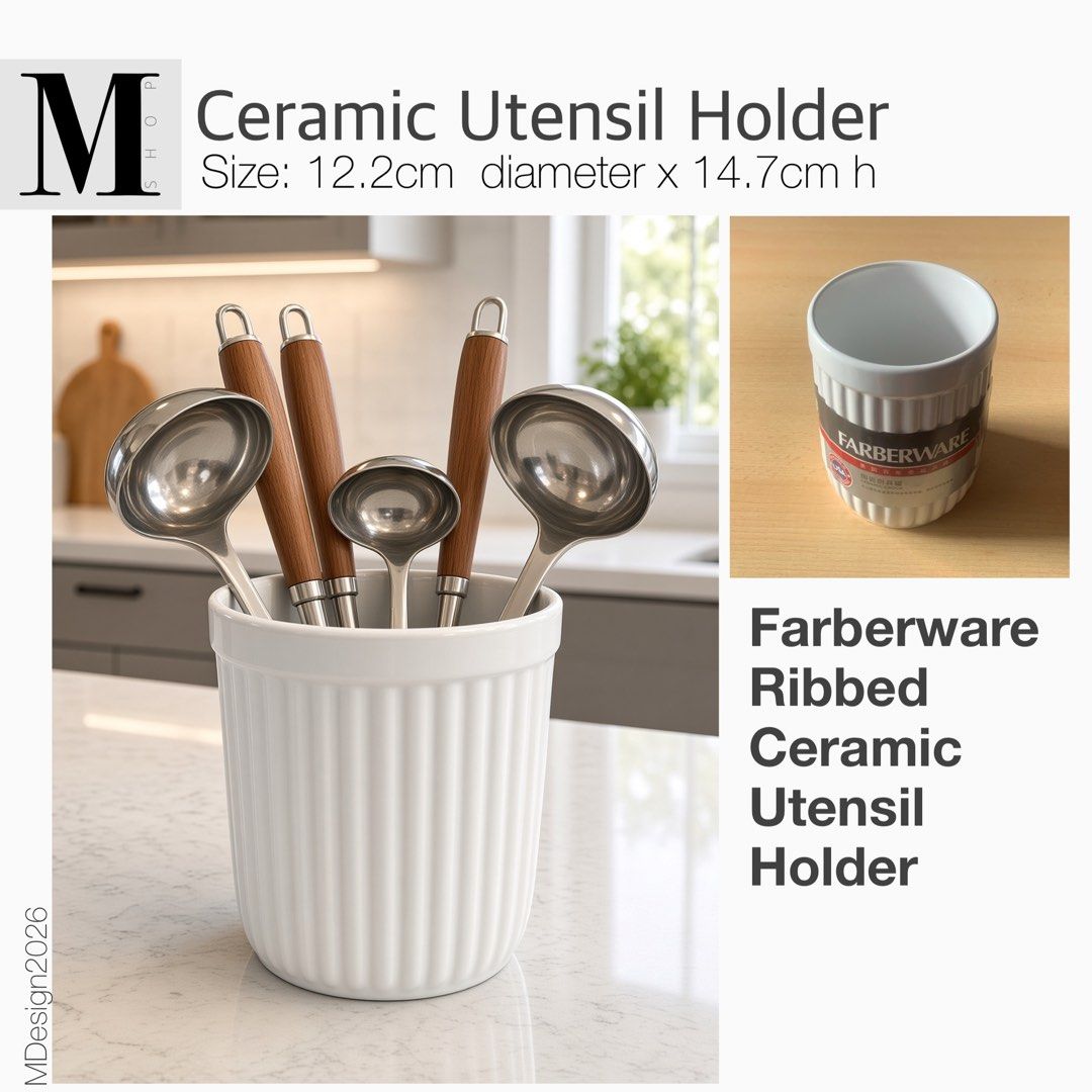 Farberware Ceramic Kitchen Utensil Holder (Category: Cookware & Accessories) located in Manila. Submitted by mshopmla (Listing ID 1407192855, Image 1). Description: Farberware Ceramic Kitchen Utensil Holder Size : 12.2cm Dia x 14.7cm H Material: Ceramic Product Code: CKUHF Price: Php 365.00 each #FarberwareCeramicCrock #utensilholder #MSHopMla #MShop #theMFMshop.