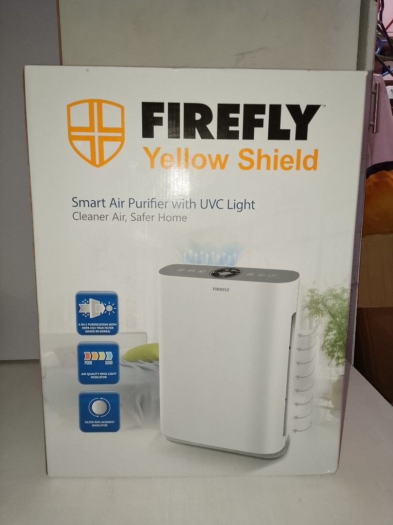 Firefly Yellow Shield Smart Air Purifier with UVC Light (Medium) (Category: Air Purifiers & Dehumidifiers) located in Manila. Submitted by jumel14 (Listing ID 1459140990, Image 3). Description: Features: Innovative Swiss design for best product value. With Pre-filter, H13 HEPA(High Efficiency Particulate Air) filter and activated Carbon Filter. Specifications: Operating Voltage: 220-240V 50/60Hz Rated Power: 60W Noise Level (dB): 30dB (low) - 62d