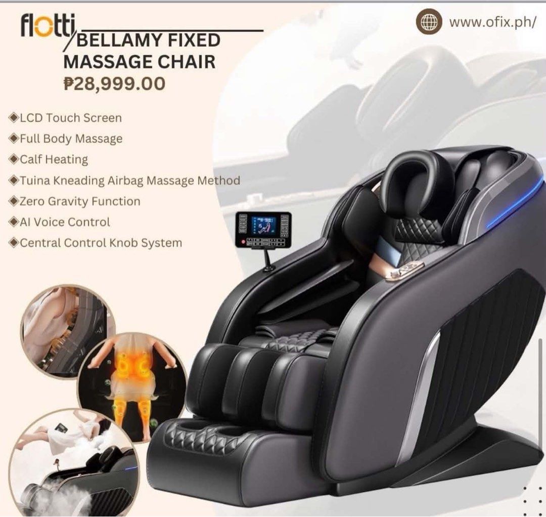 Flotti Bellamy Fixed Massage Chair (Category: Massage Devices) located in Manila. Submitted by shemineforever (Listing ID 1459194265, Image 3). Description: - Flotti Bellamy Massage Chair - LCD Touch Screen & AI Voice Control - Full Body Massage - Calf Heating Function - Zero Gravity Mode - Tuina Kneading Airbag Massage - Central Control Knob System - Ideal for Home Relaxation.