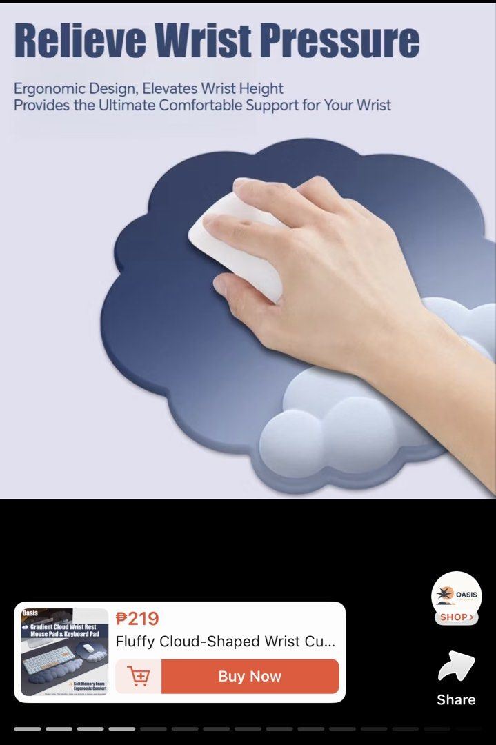 Fluffy cloud-shape Wrist Cushion Rest / Arm rest (Category: Computer Keyboard) located in Makati City. Submitted by wellovedthrift (Listing ID 1459158875, Image 2). Description: Wrist rest for mouse (foam like).