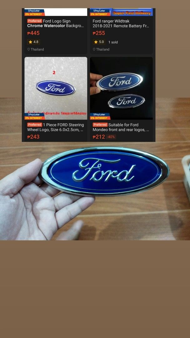 Ford Oval Blue Emblem Badge (Category: Caps & Hats) located in Oas. Submitted by ali_shop_assorted_item (Listing ID 1459103424, Image 3). Description: - Genuine Ford oval emblem - Classic blue background with silver Ford script - Features strong adhesive backing for simple installation - Ideal for replacing old, damaged, or missing emblems - Please verify dimensions to ensure compatibility with your vehicle - Suitable for various Ford models.