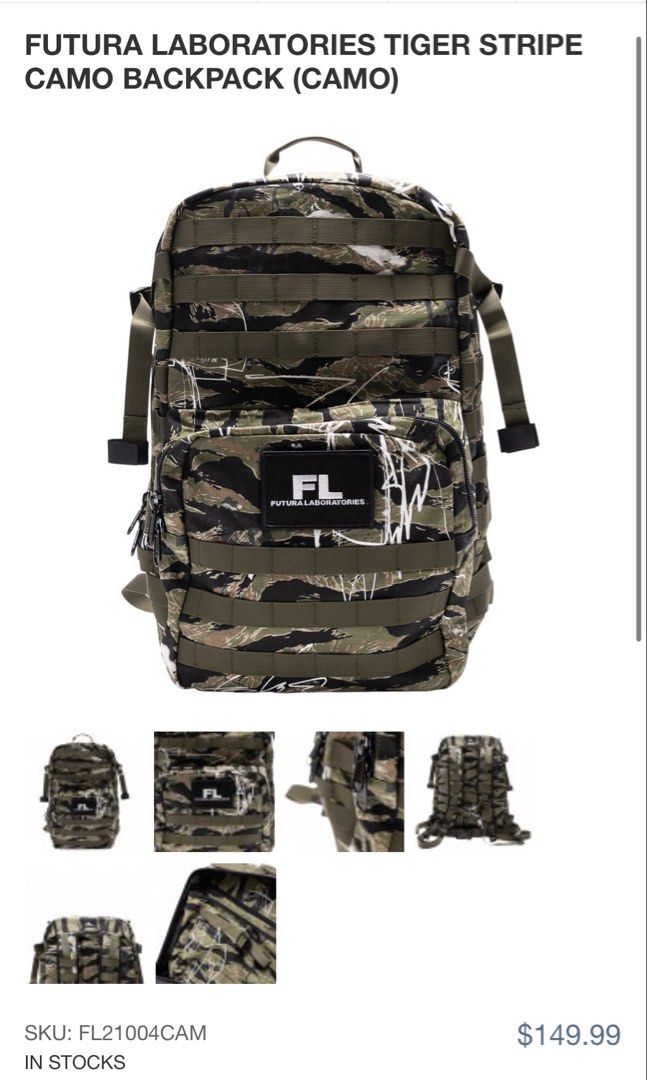 FUTURA LABORATORIES TIGER STRIPE CAMO BACKPACK (CAMO) (Category: Backpacks) located in Pateros City. Submitted by clickalot (Listing ID 1459137781, Image 1). Description: Futura Laboratories Tiger Stripe Camo Backpack (camo) • Size: H50 x W31 x D14cm • Fabric: Outer - 100% cotton canvas ripstop / Lining - 100% polyester Personally used, Passes as bnew (Used twice only indoors) Price is nego Can do meetups Makati weekdays For pickup Pateros Anytim