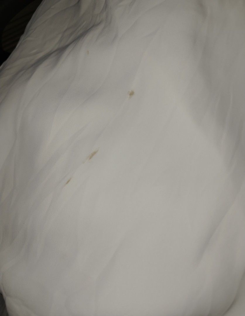 Garterized Wide-leg White Trousers (Category: Other Bottoms) located in Tarlac. Submitted by aoify__ (Listing ID 1459210259, Image 3). Description: - White wide-leg trousers - Garterized waist for comfortable fit - Waist fits 24-29 inches - Length: 36 inches - Please note: There are visible stains on the fabric. (swipe to see the stains) .