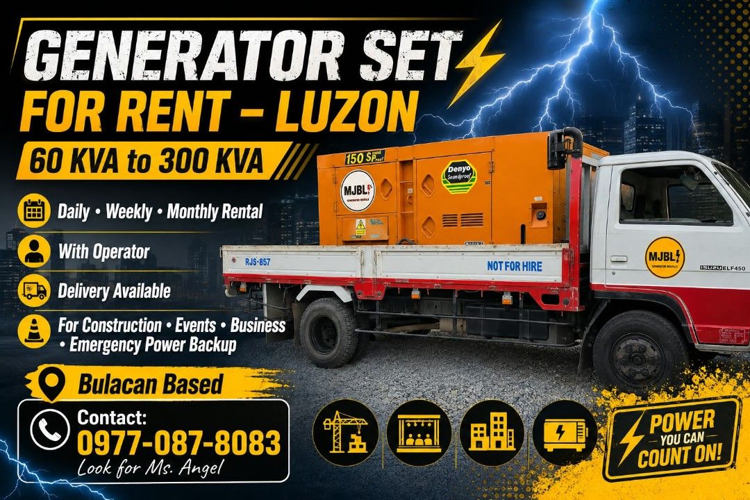 Generator for Rent (Category: Industrial Equipment) located in Bulacan. Submitted by anjjj_oliva (Listing ID 1459132001, Image 1). Description: GENERATOR SET FOR RENT – LUZON 60 KVA to 300 KVA Daily • Weekly • Monthly Rental With Operator Delivery Available For Construction • Events • Business • Emergency Power Backup 📍 Bulacan Based 📞 Contact: 0977-087-8083 Look for Ms. Angel.