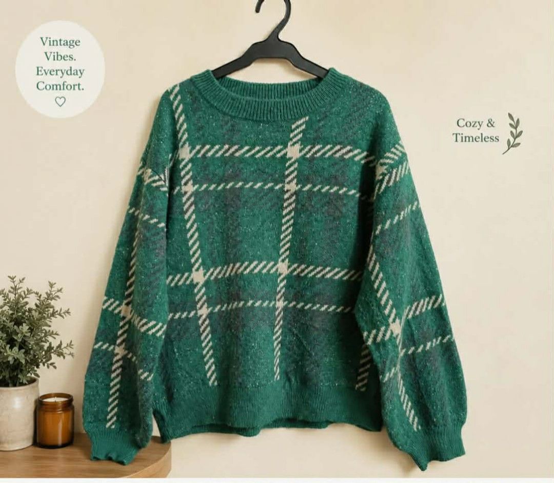 Green Plaid Knit Sweater (Category: Coats, Jackets and Outerwear) located in Manila. Submitted by thrifters2600 (Listing ID 1459135507, Image 1). Description: Soft & cozy knit material Classic plaid design M Relaxed & comfy fit A Perfect for layering * Great for casual & everyday wear • Color: Green /White · Size: M-L (Fits Medium to Large) ·Material: Knit / Acrylic Blend • Condition: Preloved, Great Condition Gentle wear, lots of love left V.