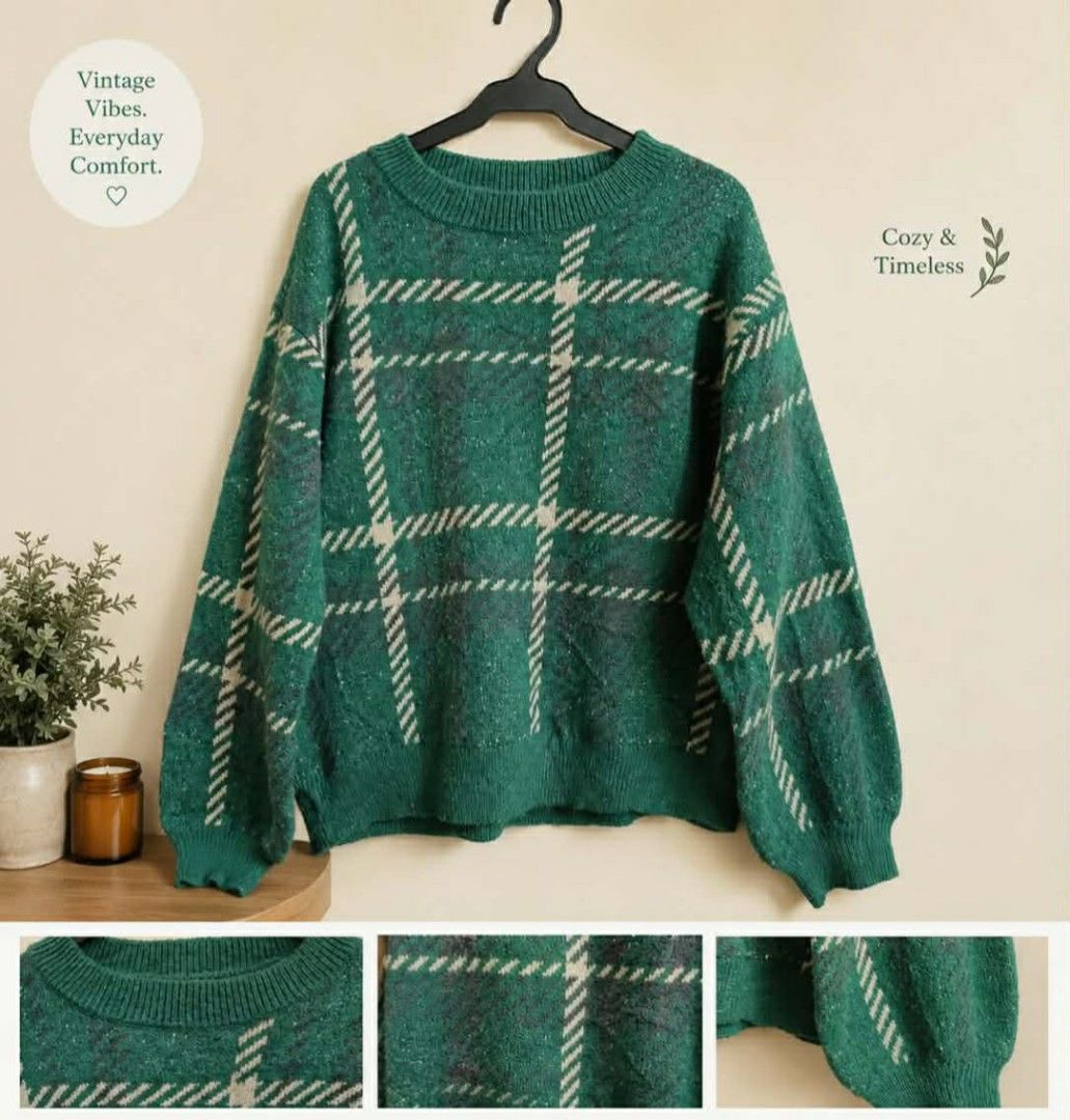 Green Plaid Knit Sweater (Category: Coats, Jackets and Outerwear) located in Manila. Submitted by thrifters2600 (Listing ID 1459135507, Image 2). Description: Soft & cozy knit material Classic plaid design M Relaxed & comfy fit A Perfect for layering * Great for casual & everyday wear • Color: Green /White · Size: M-L (Fits Medium to Large) ·Material: Knit / Acrylic Blend • Condition: Preloved, Great Condition Gentle wear, lots of love left V.