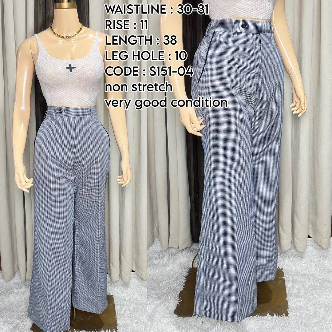 High-waisted checkered wide-leg pants (Category: Other Bottoms) located in Naga. Submitted by rmapprl (Listing ID 1459221080, Image 1). Description: - Trendy checkered wide-leg pants - Non-stretch fabric for a structured fit - Waistline: 30-31 inches - Rise: 11 inches - Length: 38 inches - Leg hole: 10 inches - Condition: Very good.