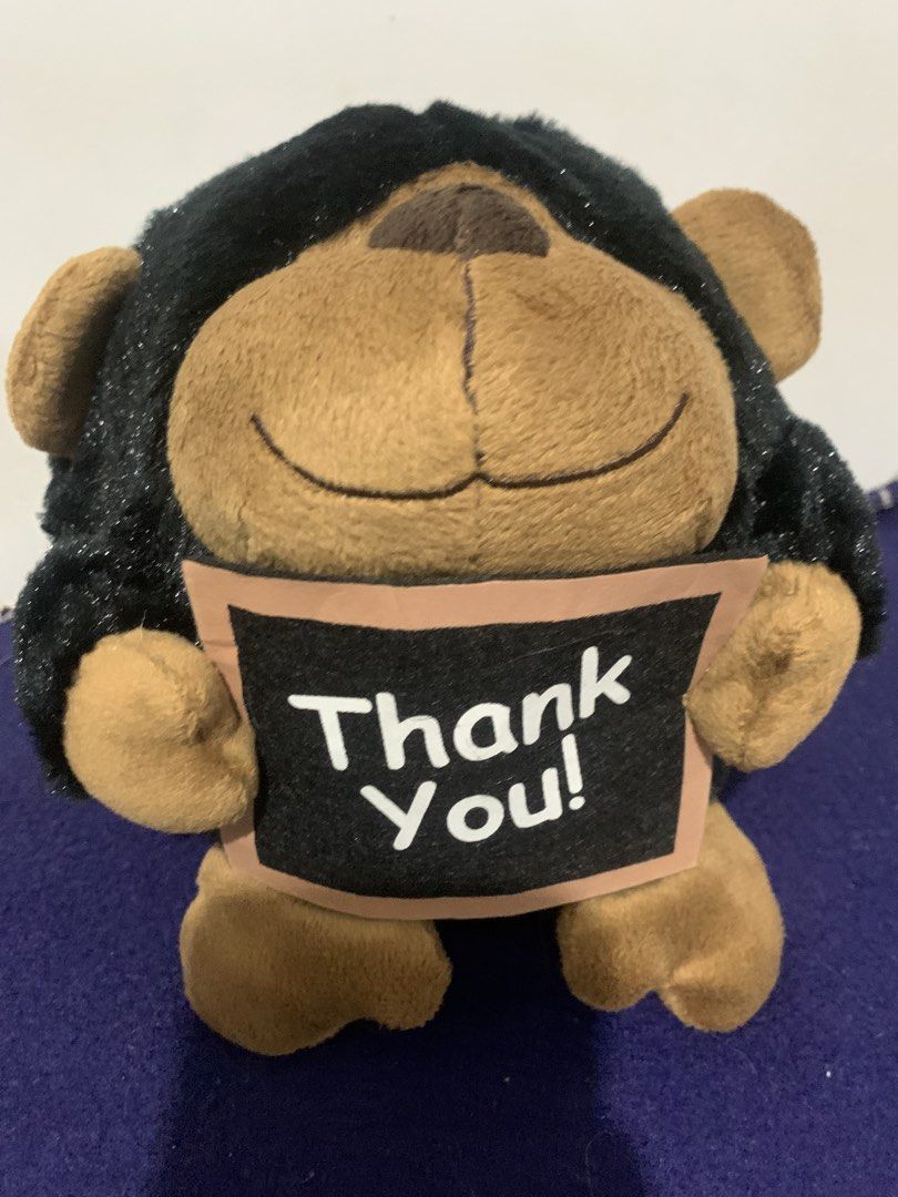 Horizon Procurement Plush Toy - Thank You Monkey (Category: Plushies & Soft Toys) located in Pasig City. Submitted by miswatamita (Listing ID 1459173493, Image 1). Description: - SALE! Adorable monkey plush toy - Sparkly black fur with brown accents - Holding a 'Thank You!' sign - Tagline: 'Collect them all... Love them all...' - Approximately 6 inches tall - Ideal for gifting or as a desk accessory.