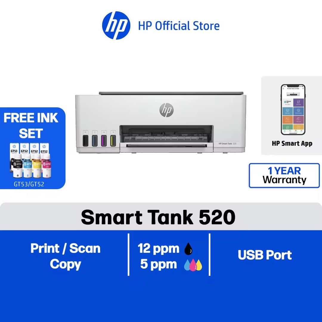 HP Smart Tank 520 All-in-One Printer - Print, Scan, Copy (Category: Printers, Scanners & Copiers) located in Batangas. Submitted by janemaraa (Listing ID 1459192785, Image 1). Description: BRANDNEW HP Smart Tank 520: All-in-One Printer (Print, Scan, Copy) ❗️Used once for testing only. ❗️RFS: Hindi compatible sa Macbook ❗️PRICE IS NEGOTIABLE IF SURE BUYER - Print Speed: Up to 12 ppm (black), 5 ppm (color) - Connectivity: USB - Included: Free ink s