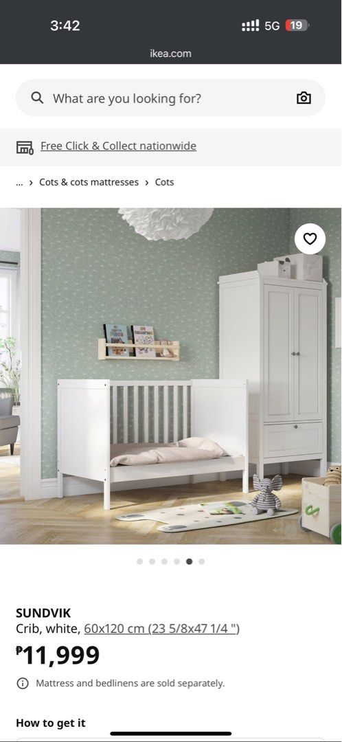 IKEA Sundvil Crib (Category: Cots & Cribs) located in Las Pinas. Submitted by joycerdmd (Listing ID 1459161354, Image 3). Description: - IKEA Sundvik Crib - Color: White - Size: 60x120 cm - Condition: Good, with minor flaws - Convertible design for long-term use - Sturdy and safe for your baby.