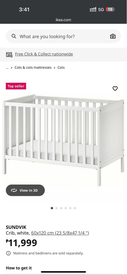 IKEA Sundvil Crib (Category: Cots & Cribs) located in Las Pinas. Submitted by joycerdmd (Listing ID 1459161354, Image 2). Description: - IKEA Sundvik Crib - Color: White - Size: 60x120 cm - Condition: Good, with minor flaws - Convertible design for long-term use - Sturdy and safe for your baby.
