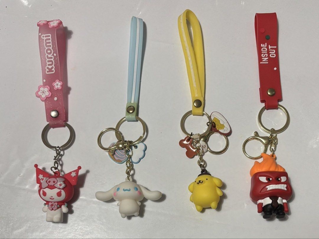 Inside Out & Sanrio Character Keychains - P70/pc (Category: Character Goods) located in Pasig City. Submitted by ginevans (Listing ID 1459090947, Image 3). Description: - Adorable keychains featuring Inside Out & Sanrio characters. - Available characters: Anger, Sadness, Disgust, Fear, Kuromi, My Melody, Cinnamoroll, Pompompurin. - Price: P70 each. - Perfect for decorating bags, backpacks, or as a thoughtful gift. - Limited stock, get yours today