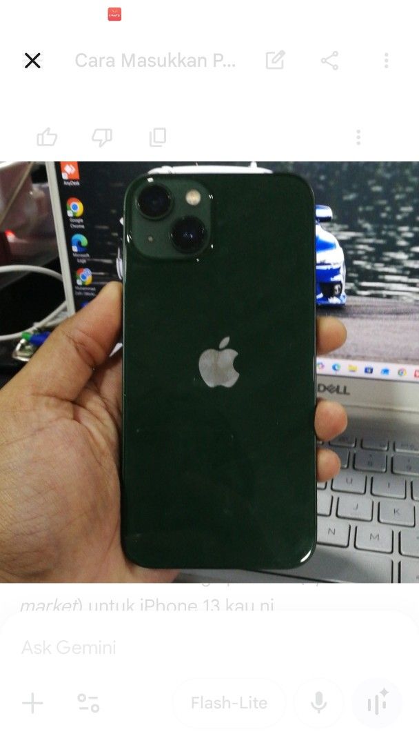Iphone 13 (Category: iPhone 13 Series) located in Permatang Pauh. Submitted by zafri957 (Listing ID 1459104621, Image 2). Description: to sell, iphone 13 limited green. phone without dent and scratch new lcd and battery replacement. will provide original lcd also. free original box also..