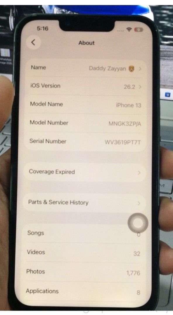 Iphone 13 (Category: iPhone 13 Series) located in Permatang Pauh. Submitted by zafri957 (Listing ID 1459104621, Image 3). Description: to sell, iphone 13 limited green. phone without dent and scratch new lcd and battery replacement. will provide original lcd also. free original box also..