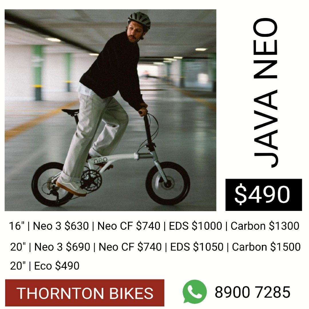 Java Neo Foldable Bicycle (Category: Parts & Accessories) located in Singapore. Submitted by thornton.bikes (Listing ID 1459278244, Image 2). Description: 📍𝗔𝘂𝘁𝗵𝗼𝗿𝗶𝘀𝗲𝗱 𝗗𝗲𝗮𝗹𝗲𝗿 𝗮𝗻𝗱 𝗗𝗶𝗿𝗲𝗰𝘁 𝗜𝗺𝗽𝗼𝗿𝘁𝗲𝗿 As an Authorised Java Dealer, we bring your bike directly from the factory gate to your doorstep, cutting out unnecessary middlemen and passing the savings directly to you. From choosing your model and colour to making pay