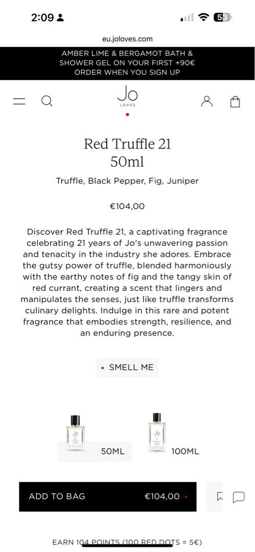 Jo Loves Red Truffle 21 Eau de Parfum 50ml (Category: Fragrance & Deodorants) located in Taguig. Submitted by pcurate (Listing ID 1459142023, Image 2). Description: - Jo Loves Red Truffle 21 Parfum - 50ml (1.7 fl oz) bottle, about 80% of bottle - Fragrance notes: Black Pepper, Green Fig Leaf, Bitter Citrus, Pine Leaves, Vetiver, Patchouli, Truffle - RFS: have too many perfumes - Bought for around 6k in the Jo Loves store.