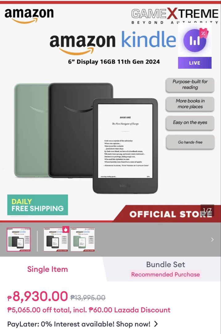 Kindle Basic E-reader (Category: E-Readers) located in Muntinlupa City. Submitted by klumsyunikorn (Listing ID 1459167195, Image 3). Description: Kindle Basic - Matcha GOOD AS NEW!!! Bought July 2026 Complete with Box With Ads: When I got it wala pong ads but it was connected to Amazon Japan which is the default for Asian countries. When I requested customer service to change to Amazon US nagkaroon na po ng ads. Free: leather sleeve, extra screen