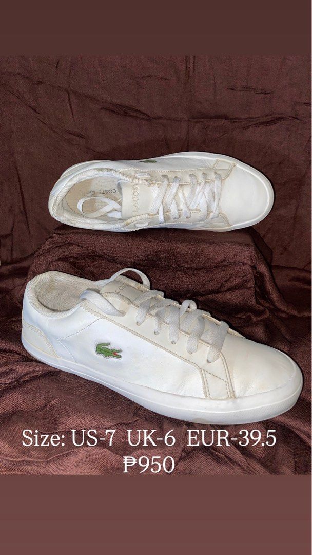 Lacoste White Sneakers (Category: Sneakers & Footwear) located in Manila. Submitted by owigabi (Listing ID 1459256224, Image 3). Description: White Lacoste sneakers available in multiple sizes. Classic design with the iconic crocodile logo. Comfortable for everyday wear. Price is P950 per pair..
