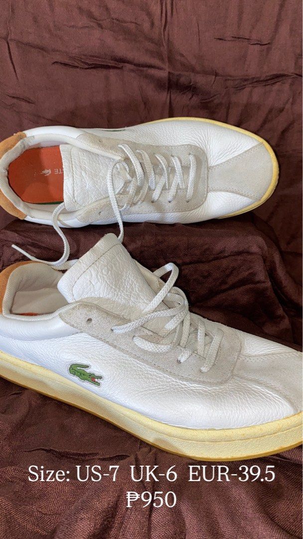 Lacoste White Sneakers (Category: Sneakers & Footwear) located in Manila. Submitted by owigabi (Listing ID 1459256224, Image 1). Description: White Lacoste sneakers available in multiple sizes. Classic design with the iconic crocodile logo. Comfortable for everyday wear. Price is P950 per pair..