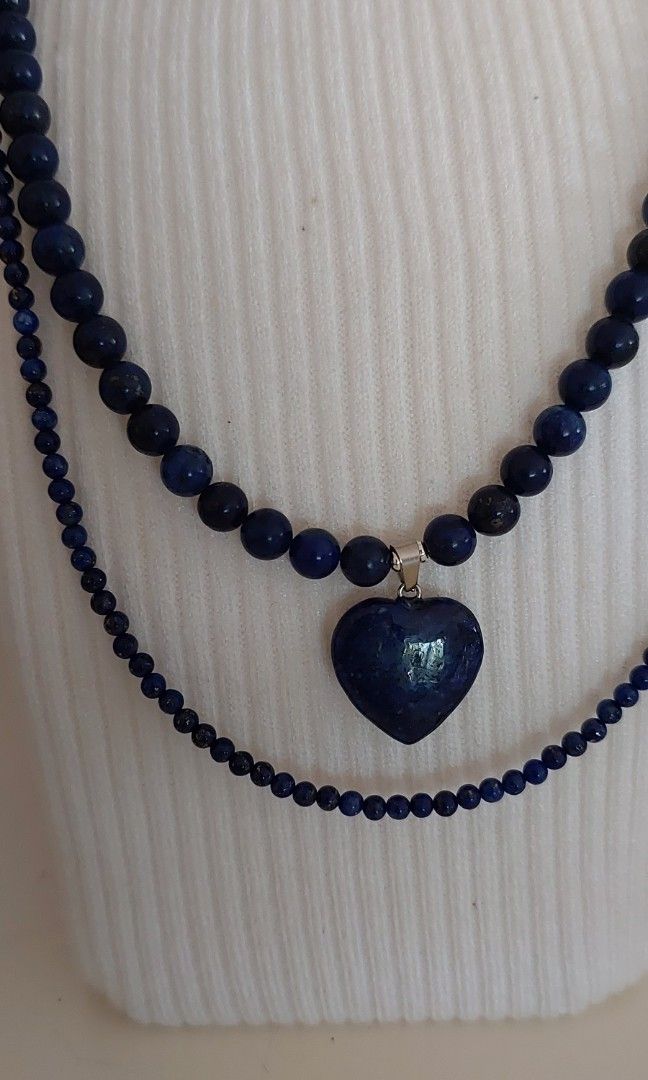 Lapis Lazuli Layered Necklace (separate) (Category: Necklaces) located in Gapan. Submitted by purseofjune (Listing ID 1459166878, Image 2). Description: 6mm beads, with heart pendant, 16" +2" extension chain 2.5mm beads, 18"+2" extension chain.
