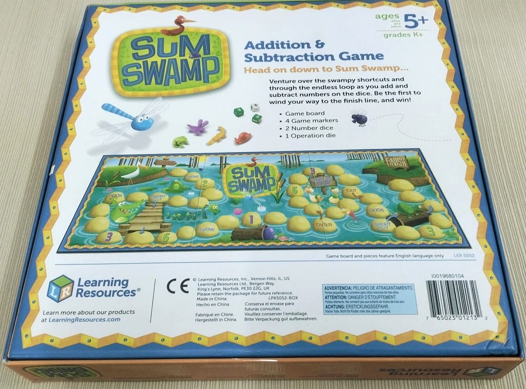 Learning Resources Sum Swamp Addition & Subtraction Game (Category: Board Games & Puzzles) located in Taguig. Submitted by Bloomscorner1 (Listing ID 1459190659, Image 2). Description: - a high quality Sum Swamp Addition & Subtraction Game by Learning Resources - Perfect for 2-4 players, ages 5 and up - Navigate a swampy maze by rolling dice. Be the first to wind your way to the finish line! - Practice addition and subtraction skills to reach the 