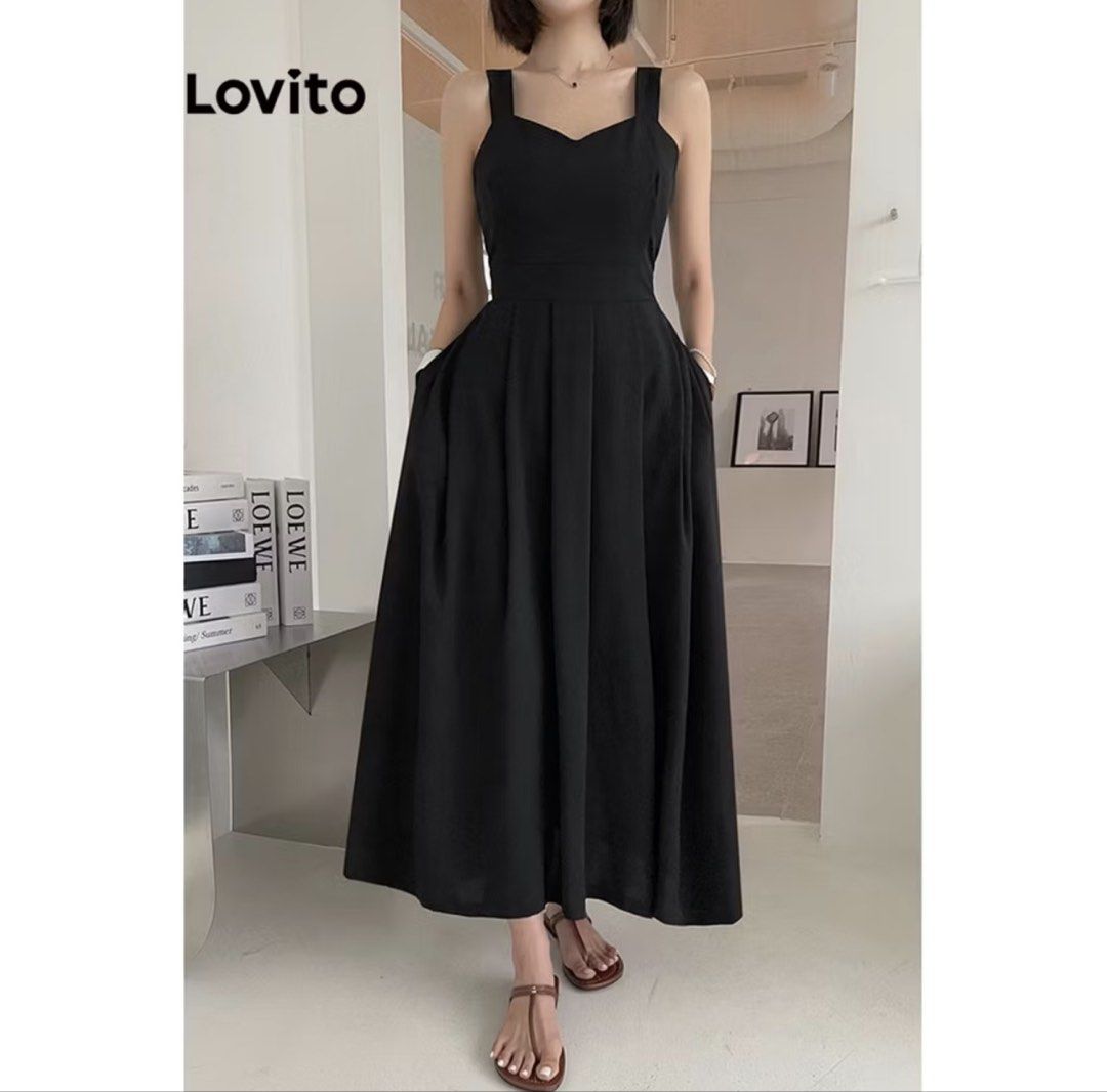 Lovito Black Midi Dress with Pockets (Category: Dresses) located in Santa Maria. Submitted by tropique (Listing ID 1459164005, Image 1). Description: - Lovito black midi dress - Square neckline with adjustable straps - Convenient side pockets - Flared, pleated skirt for a flattering silhouette - Versatile for casual outings or dressing up - Pairs well with sandals or heels.