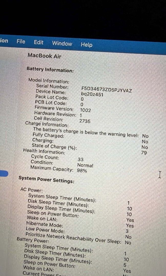 Macbook Air M1 2020 (Category: Laptops & Notebooks) located in Manila. Submitted by kyoshinoto21289 (Listing ID 1459240150, Image 2). Description: Macbook Air M1 2020 Display: 13.3-inch Retina display Processor: Apple M1 chip Memory: 8GB Storage: 256GB Cycle Count: 33 Battery Health: 98% Inclusions: Box Charger Case No history of repair, no dents or hidden issues! Can provide receipt (Bought Feb 2024) Slightly negotiable for sure buyer 💰 32,000 