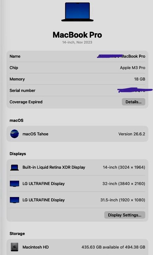 14” Macbook Pro M3 Pro 18GB RAM (Category: Laptops & Notebooks) located in Las Pinas. Submitted by biatster (Listing ID 1459136184, Image 3). Description: No issues whatsoever. Bottom line: your Mac’s 85% reading looks genuine from the FCC calculation, but your ~97% Qmax is a very reassuring sign that the battery itself may be in considerably better shape than the headline 85% suggests..