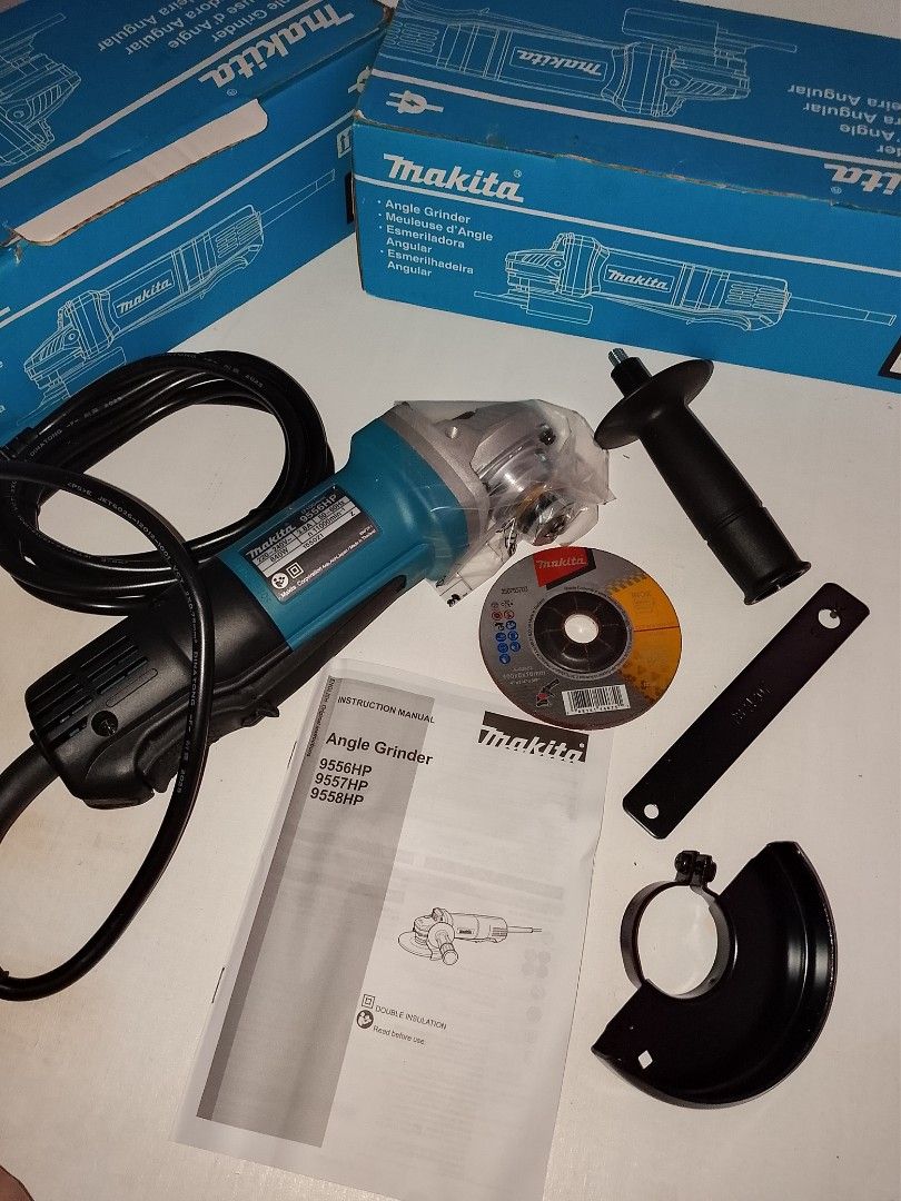 Makita Angle Grinder 9556HP (Category: Construction Tools & Equipment) located in Manila. Submitted by jumel14 (Listing ID 1459145116, Image 1). Description: MAKITA 100mm (4”) Angle Grinder Model: 9556HP Specifications: Wheel diameter: 100mm (4") Hole diameter: 16mm Switch type: Slide Spindle thread: M10x1.5 No load speed: 11,000rpm Continuous rating input: 840W Vibration: 7.5m/s2 Noise: 85dB Overall length: 271mm Net weight: 2kg Voltage: 240V - 
