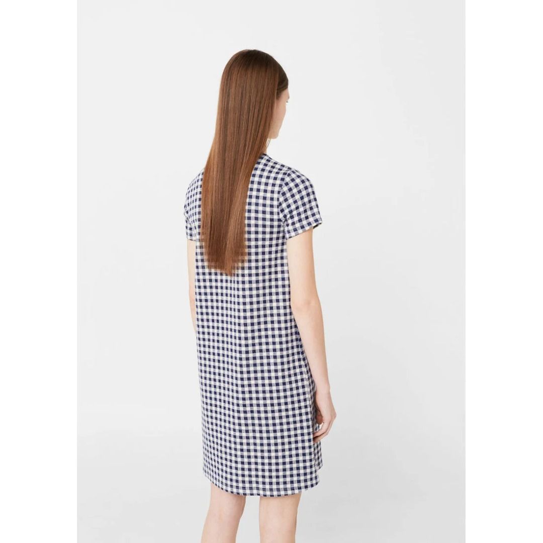 Mango Basics Gingham Check Short Sleeve Dress Size S (Category: Dresses) located in Manila. Submitted by jimmy_juniorrr (Listing ID 1459172046, Image 3). Description: - Cute navy and white gingham check dress - Brand: Mango Basics - Style: Short sleeves, knee-length shift silhouette - Perfect for casual outings - Size: Tag shows S (check measurements if needed).