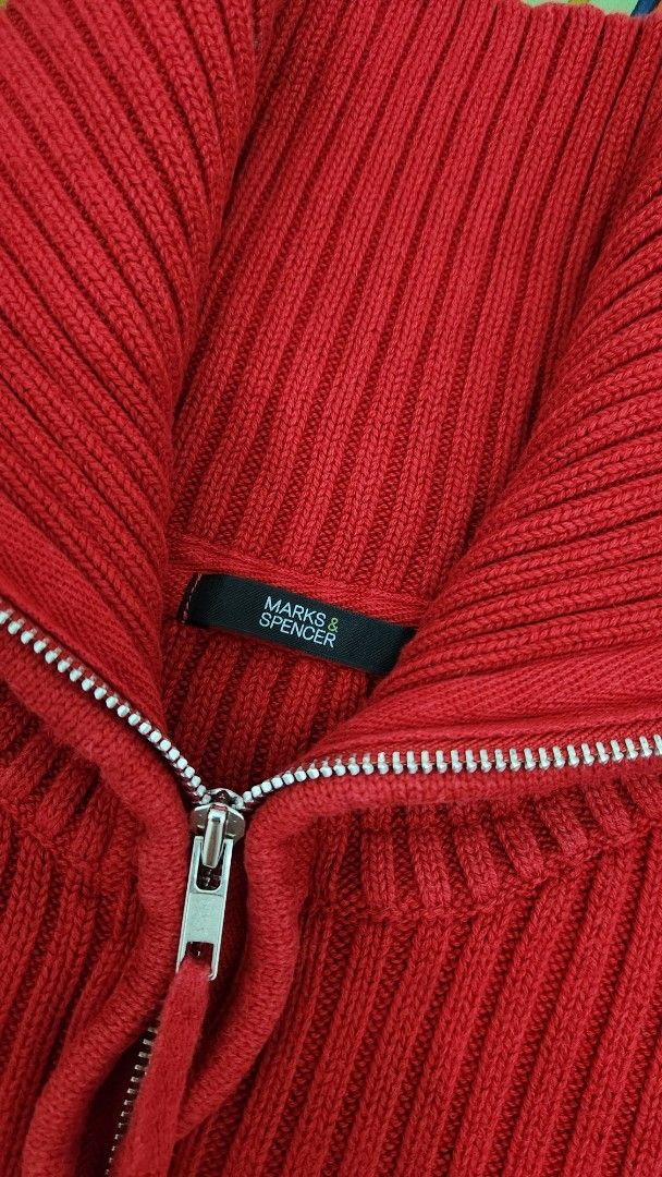 Marks & Spencer Red Zip-Up Knit Cardigan (Category: Coats, Jackets and Outerwear) located in Manila. Submitted by happybear_77e59e777 (Listing ID 1459204004, Image 1). Description: - Red knit cardigan from Marks & Spencer - Full zip-up front with a high collar - Ribbed knit details on sleeves and hem - Comfortable and warm - Ideal for layering - In good condition.