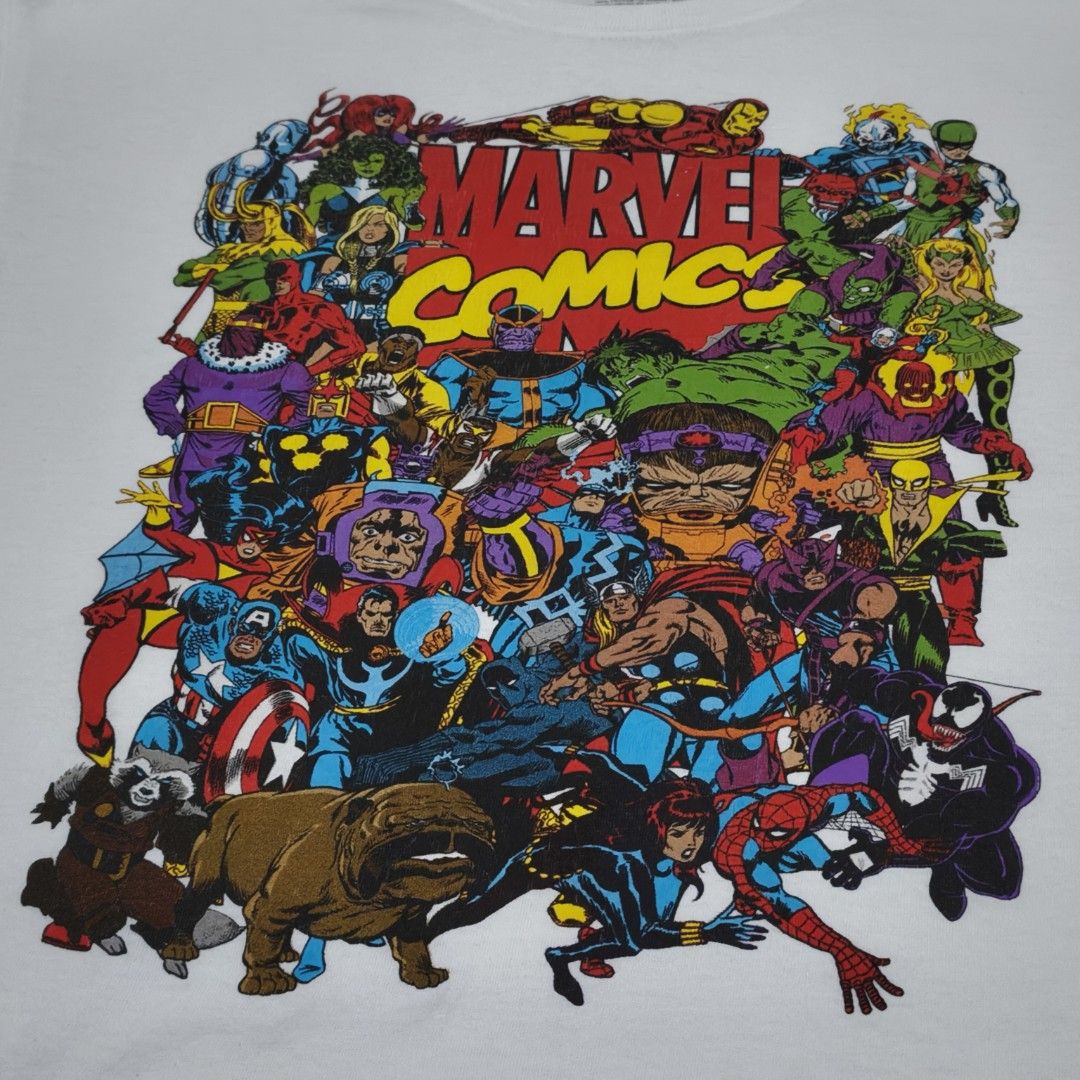 Marvel Comics T-shirt (Category: Formal Shirts) located in Naga. Submitted by makuri_4400 (Listing ID 1459140738, Image 2). Description: Size - L Length - 29.5 Width - 21 Condition - 8.5/10 Color rate - 8/10 Issue -Small tear, Stain, and Loose threads.