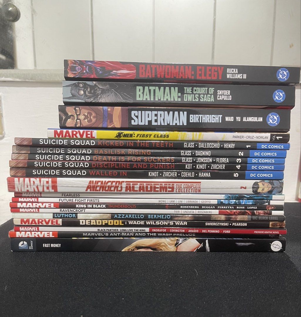 Marvel DC Graphic Novels (Category: Comics & Manga) located in Paranaque City. Submitted by _bellethings (Listing ID 1459147730, Image 1). Description: Batwoman Elegy - 500 (SOLD) Batman: Court of Owls - 500 (SOLD) Superman: Birthright - 500 (SOLD) X-Men First Class - 450 (SOLD) Suicide Squad 1-5 - 400 each (1.8k as a set) Avengers Academy Complete Collection - 650 Fearless - 350 Future Fight Firsts - 400 King In Black - 400 Ravencroft - 350 Luth