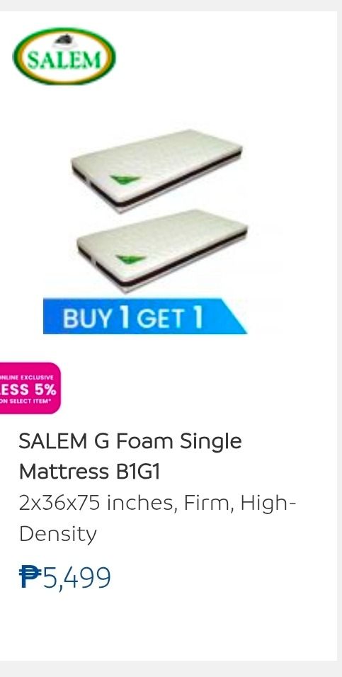 Mattress / Single Mattress (Category: Bed Frames & Mattresses) located in Makati City. Submitted by k.1248 (Listing ID 1459095771, Image 1). Description: Salem G Foam Mattress (Firm Comfort) 2" x 36" x 75" (2 units) = total of 4" thickness when put on top of each other With custom made fitted sheets to serve as secondary cover (Had the 2 covers made to maintain the mattress -- avoid dust and stains). = will include the sheets for FREE *Bought in 
