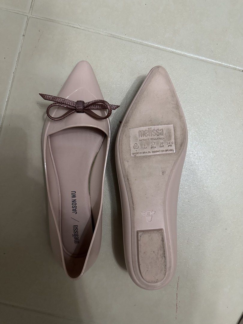 Melissa x Jason Wu Pink Bow Pointed Toe Flats (Category: Flats & Sandals) located in Makati City. Submitted by kristine_p_a (Listing ID 1459210237, Image 3). Description: - Melissa x Jason Wu collaboration flats - Soft pink color - Cute ribbon detail on pointed toe - Easy slip-on style - Size US7 - Made in Brazil.