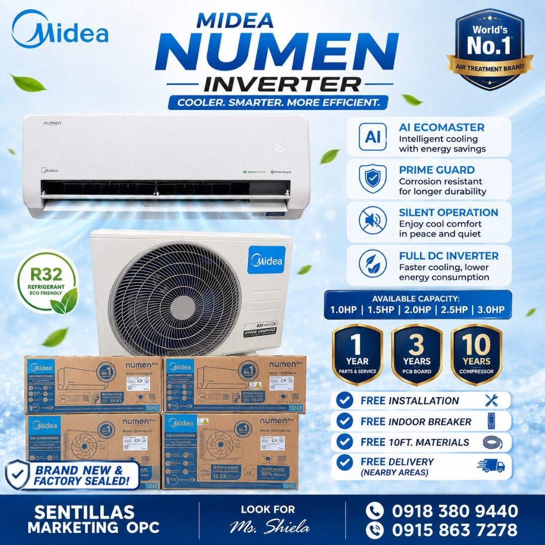 MIDEA CELEST INVERTER SPLIT TYPE AIRCON (Category: Air Conditioning and Heating) located in Quezon City. Submitted by airconph. (Listing ID 1459171173, Image 1). Description: SALE‼️ MIDEA NUMEN INVERTER ✔️Brand New and Factory Sealed Unit with FREE INSTALLATION PACKAGE!! ✔️Lower Price Guaranteed with Complete Warranty ✔️Legit/Authorized Dealer/Installer 🚩SAME DAY DELIVERY INSTALLATION Features: - Smart Control - AI Ecomaster - Hyper Grapfins - I