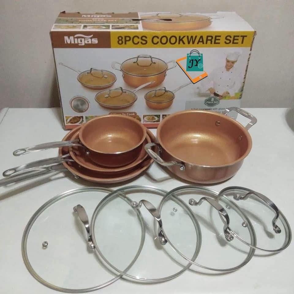 MIGAS 8 Piece Cookware Set with Glass Lids (Category: Cookware & Accessories) located in Caloocan City. Submitted by swiftflower_802790 (Listing ID 1459188272, Image 1). Description: - MIGAS 8-piece cookware set - Includes saucepans and frypan - Comes with durable glass lids - Features a non-stick surface - Easy to clean and maintain - Ideal for everyday cooking needs - Perfect for upgrading your kitchen.
