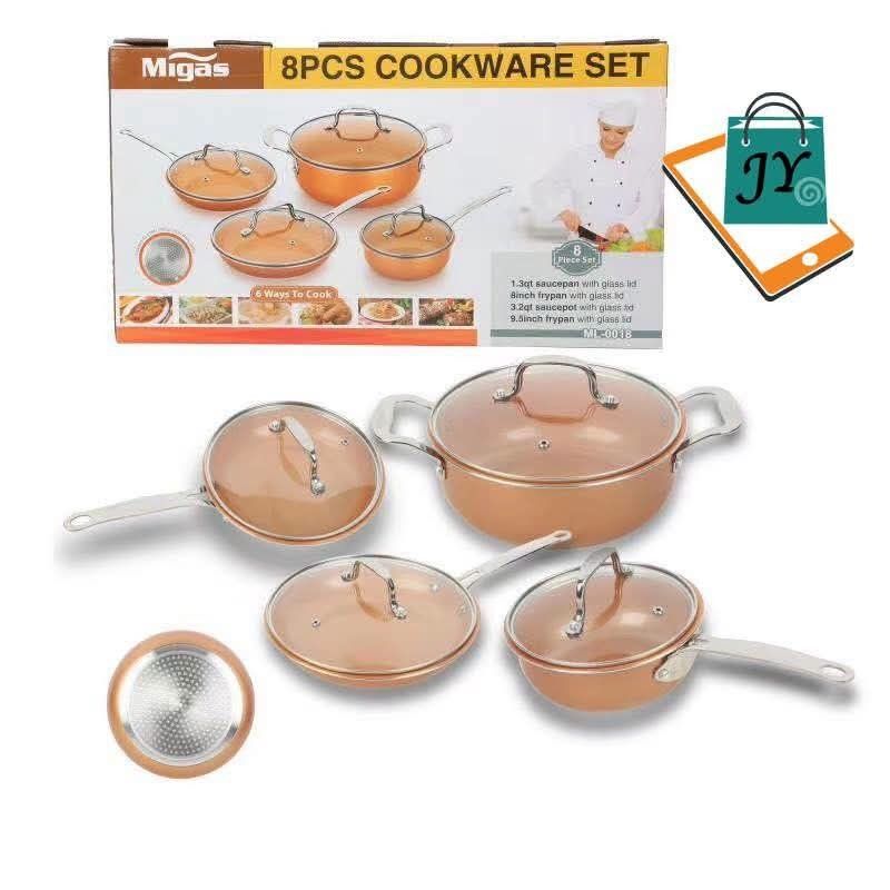 MIGAS 8 Piece Cookware Set with Glass Lids (Category: Cookware & Accessories) located in Caloocan City. Submitted by swiftflower_802790 (Listing ID 1459188272, Image 2). Description: - MIGAS 8-piece cookware set - Includes saucepans and frypan - Comes with durable glass lids - Features a non-stick surface - Easy to clean and maintain - Ideal for everyday cooking needs - Perfect for upgrading your kitchen.
