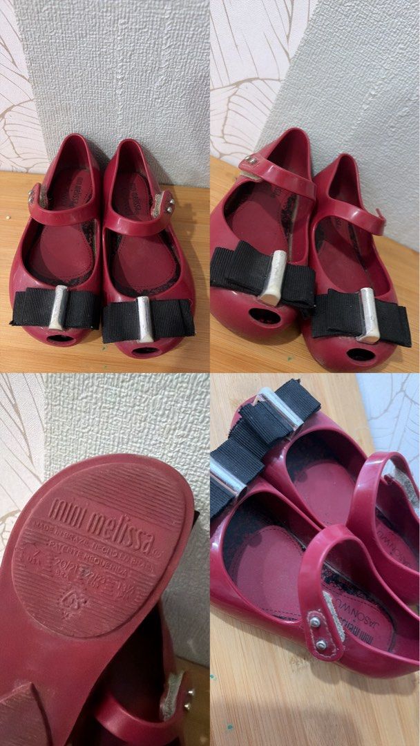 Mini Melissa Jelly Shoes - Pink & Red (Category: Babies & Kids Fashion) located in Tacloban City. Submitted by thebigbagtheory (Listing ID 1459246341, Image 2). Description: - Two pairs of Mini Melissa jelly shoes - Colors: Light pink and deep red/burgundy - Features: Black bows, signature perforated design, strap with buckle - Origin: Made in Brazil - Ideal for: Kids.