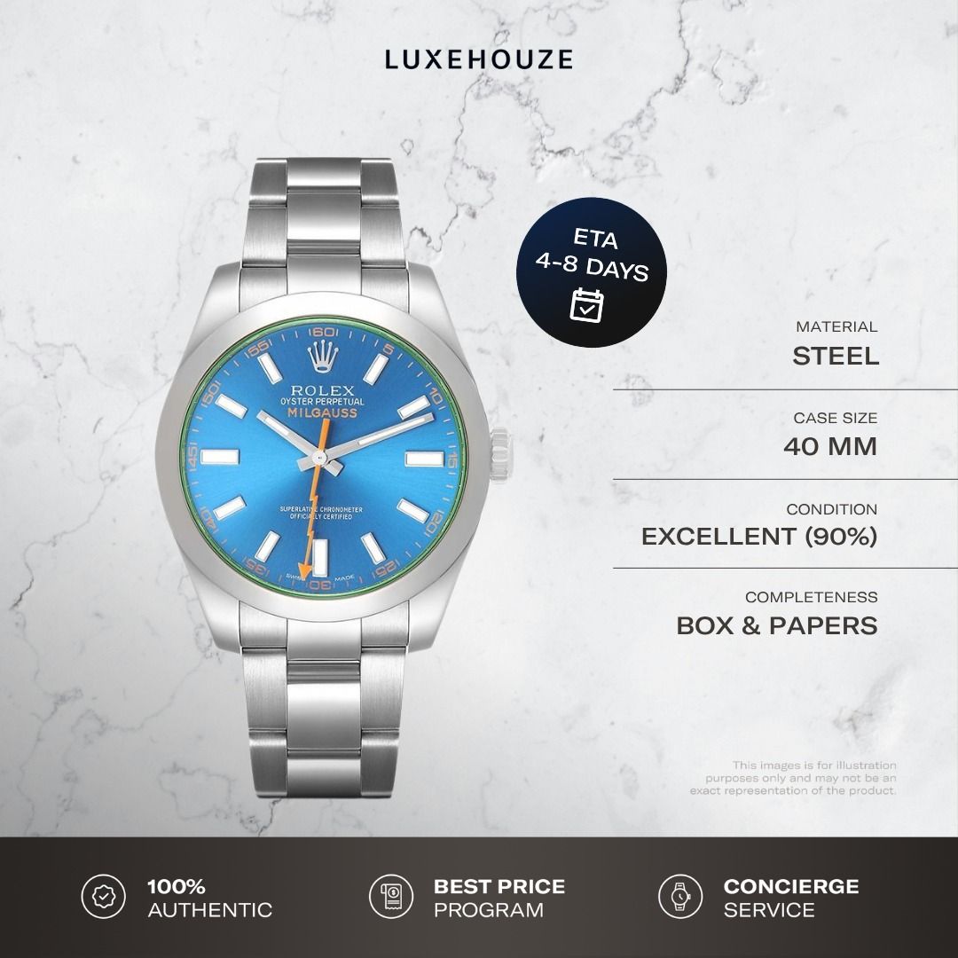 Mint Jul 2022 Rolex Milgauss 116400GV 116400 Blue Dial Oyster (Category: Watches) located in Singapore. Submitted by luxehouze (Listing ID 1458991328, Image 1). Description: Luxehouze is your trusted marketplace to buy and sell luxury goods. Luxehouze SG Pte Ltd is a licensed luxury goods marketplace and regulated dealer. WHY US? 100% Authentic with Money-Back Guarantee Best Price Program* Curated Collection * T&Cs apply. OUR SERVICES • Watch Pur