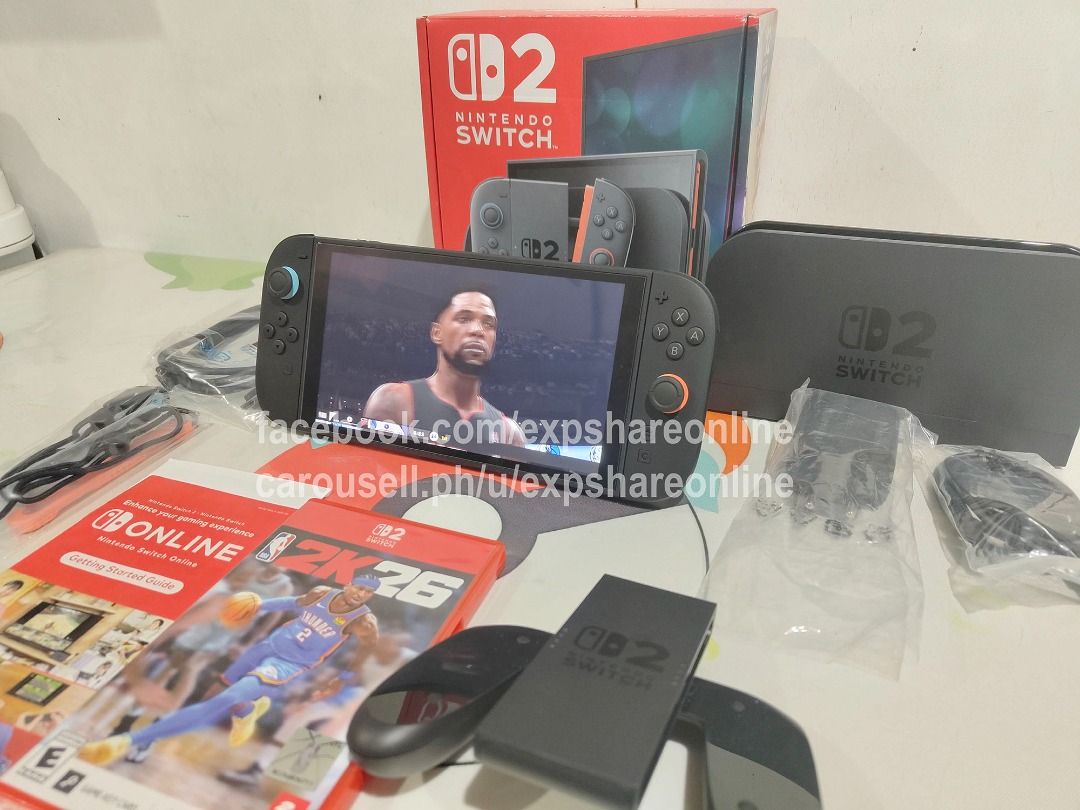 Nintendo Switch 2 Complete with NBA 2k26 Good as New! (Category: Nintendo) located in Cebu City. Submitted by expshareonline (Listing ID 1459108573, Image 3). Description: Please take time to read! No trades! Price: P29300 with NBA2K6 28300 with out Game Condition: -Tested and working -Good as New(Bought June this year - with reciept) Includes: -Switch 2 unit -Joyncons -Joycon strap -Joycon dock -Docking station -HDMI -Charger -NBA 2K26 Game -Box