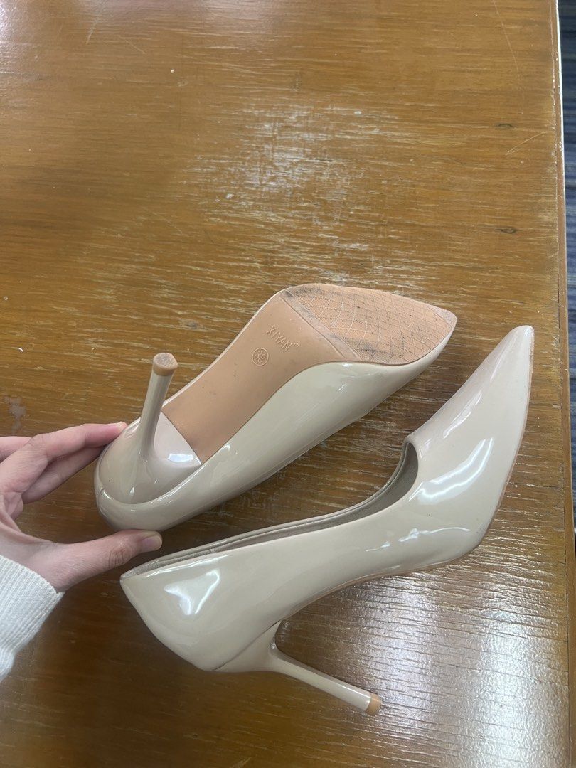 Nude Stiletto Heels (Category: Heels) located in Makati City. Submitted by warm.abc123 (Listing ID 1459108438, Image 3). Description: - Classic nude heels - Elegant pointed toe design - Chic stiletto heel - Comfortable for work or a night out - Size: 38 Ball-of-Foot Circumference: 23 cm, Foot Length: 24 cm, Shoes Inner length: 25.5 cm, Heel Height: 9 cm - Condition: worn once in the office only - Reason for selling: Doesn't fit anymore -minor sig